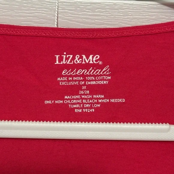 Liz & Me Essentials Red Embroidered Scoop Neck 3/4 Sleeve Cotton Top 3X 26/28 - Picture 3 of 5